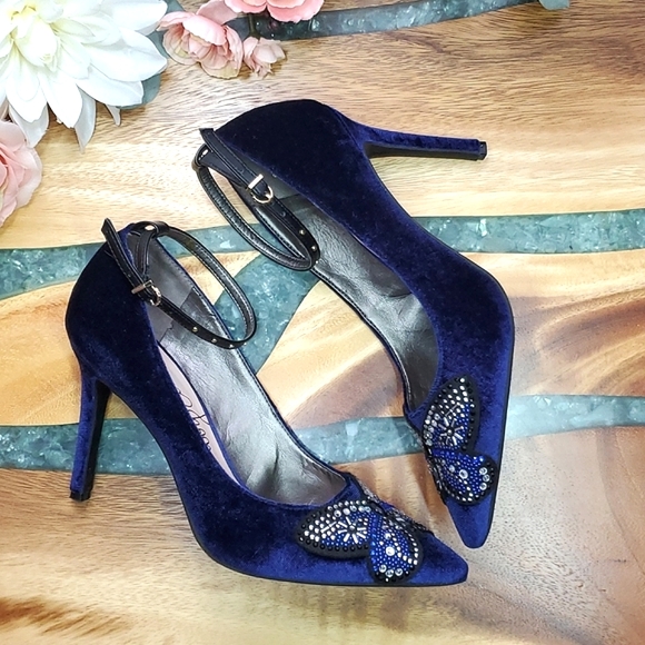 Libby Edelman Holly Blue Velvet Rhinestone Butterfly Heels | Size 8.5 M - Picture 1 of 5